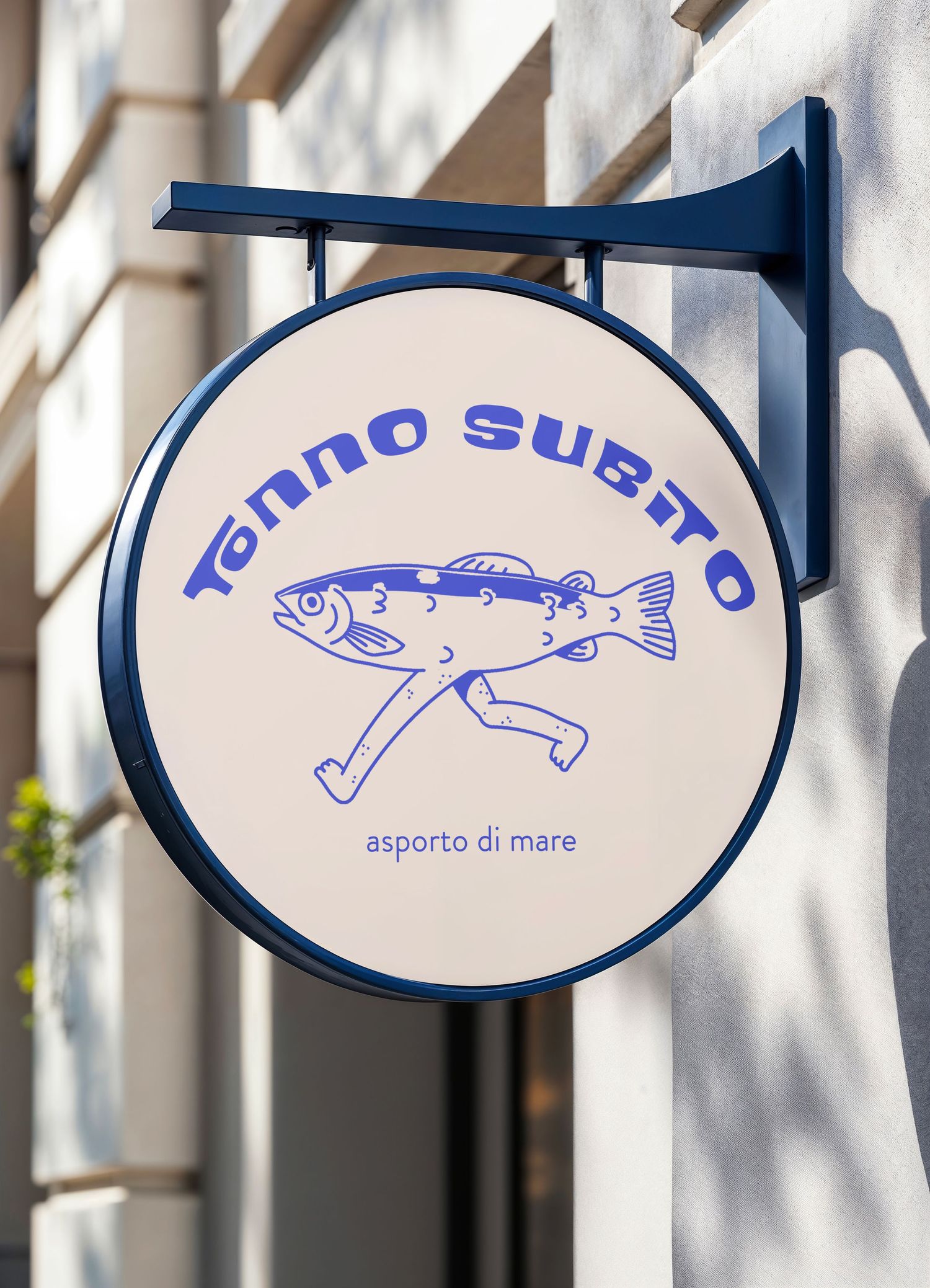 Mockup for the fictional seafood restaurant Tonno Subito, with hand-drawn illustration by STUDIOsale, blue illustration on white