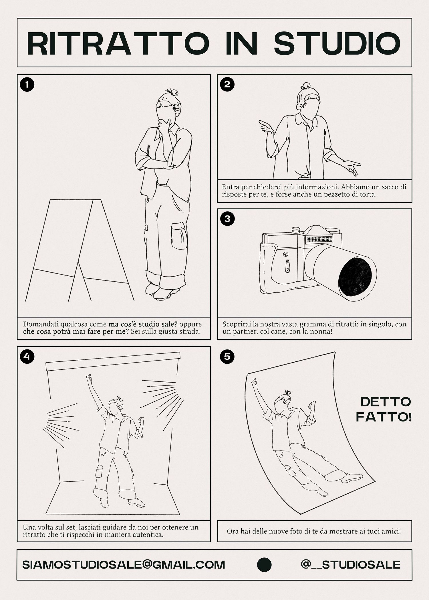 Graphic design and illustration project by studio sale for self promotion of creative studio services like studio portraits in Rimini