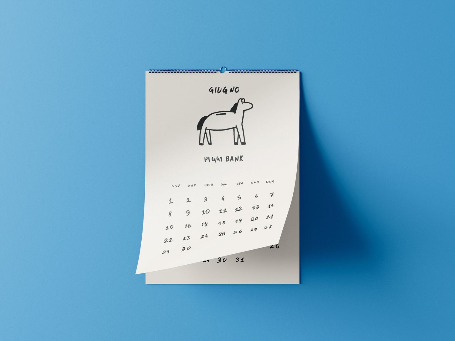 Handmade calendar by STUDIOsale, featuring a fun line-art illustration of a horse in black and white.