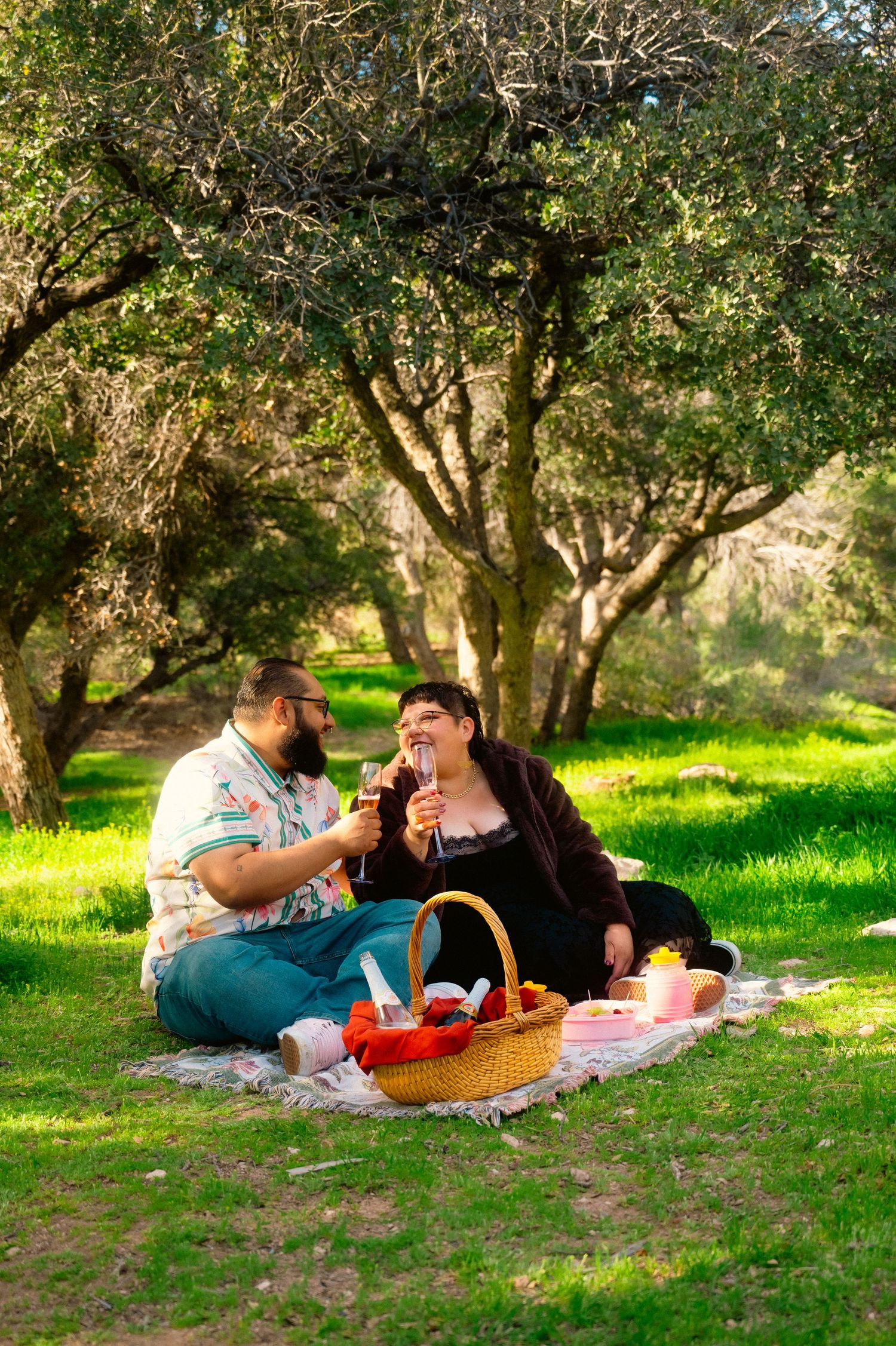 Couple enjoying a romantic picnic on grass under trees, toasting wine glasses beside a wicker basket.