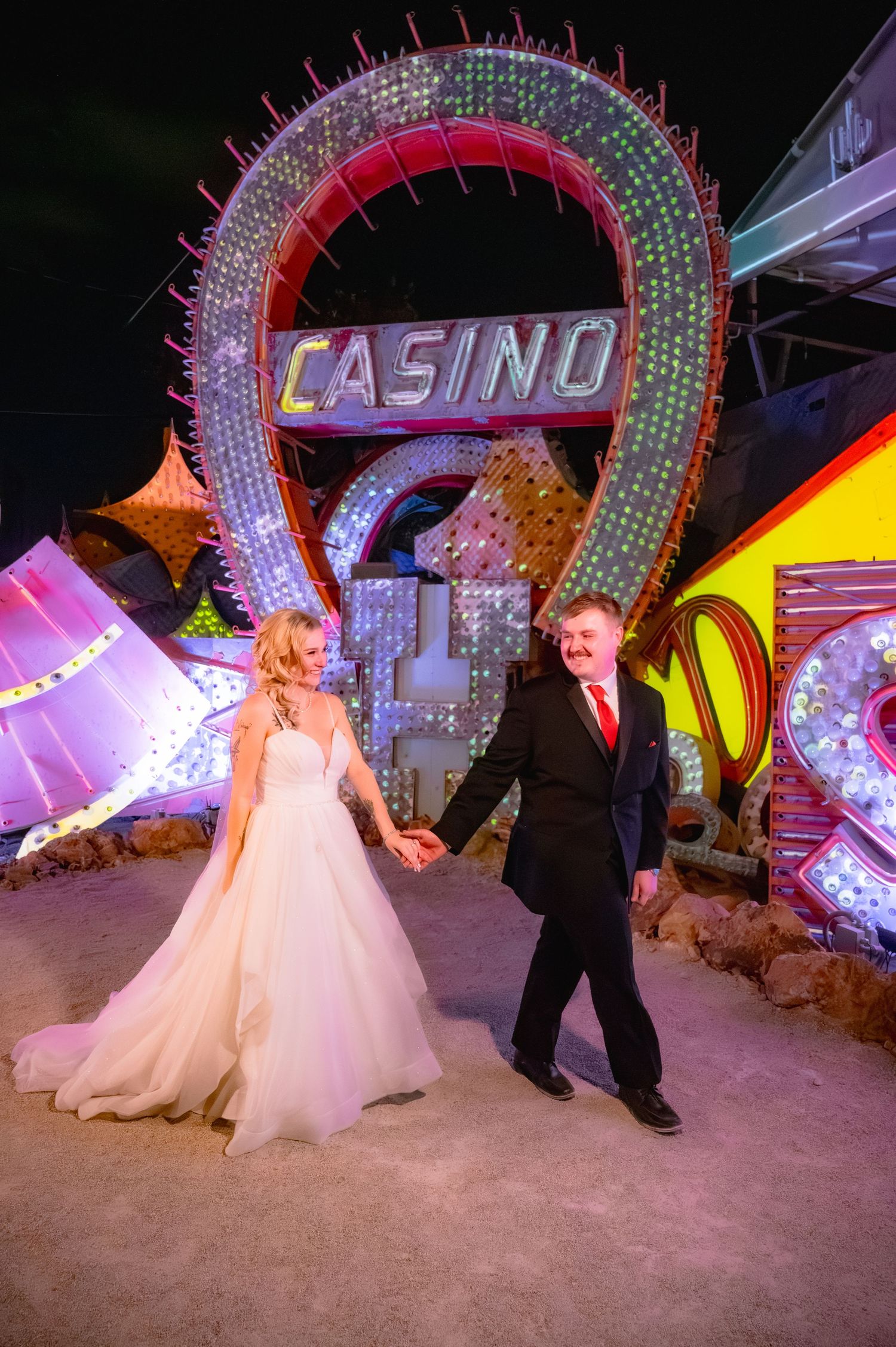 Neon Museum night time wedding photos Las Vegas