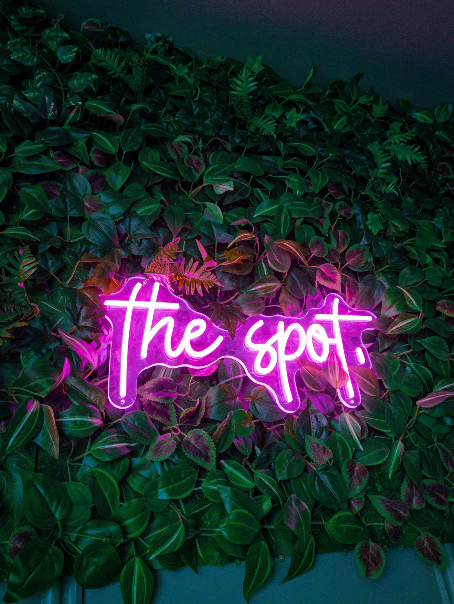 Pink neon sign reading 'The spot' mounted on a wall covered in lush green foliage.