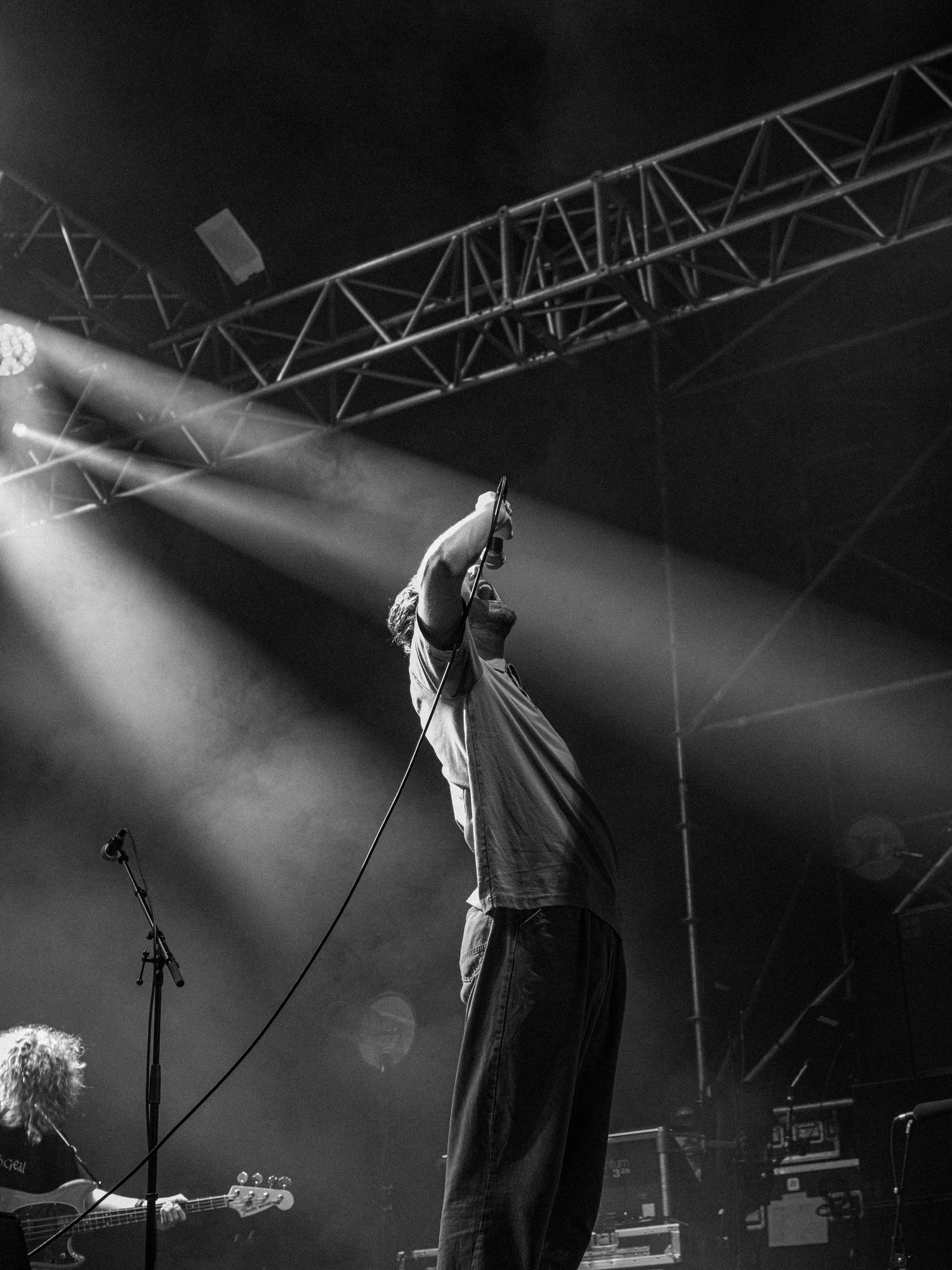 Silhouetted performer raises arm triumphantly during dramatic concert performance.