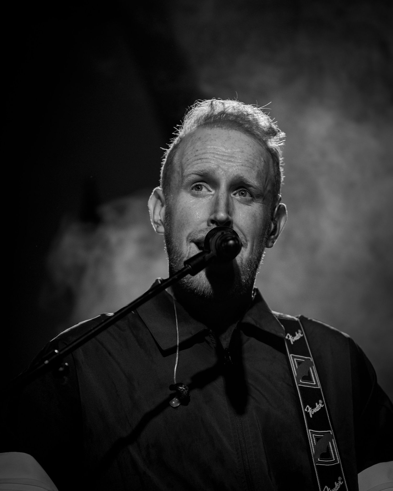 Dramatic black and white performance shots of singer with microphone in smoky atmosphere.