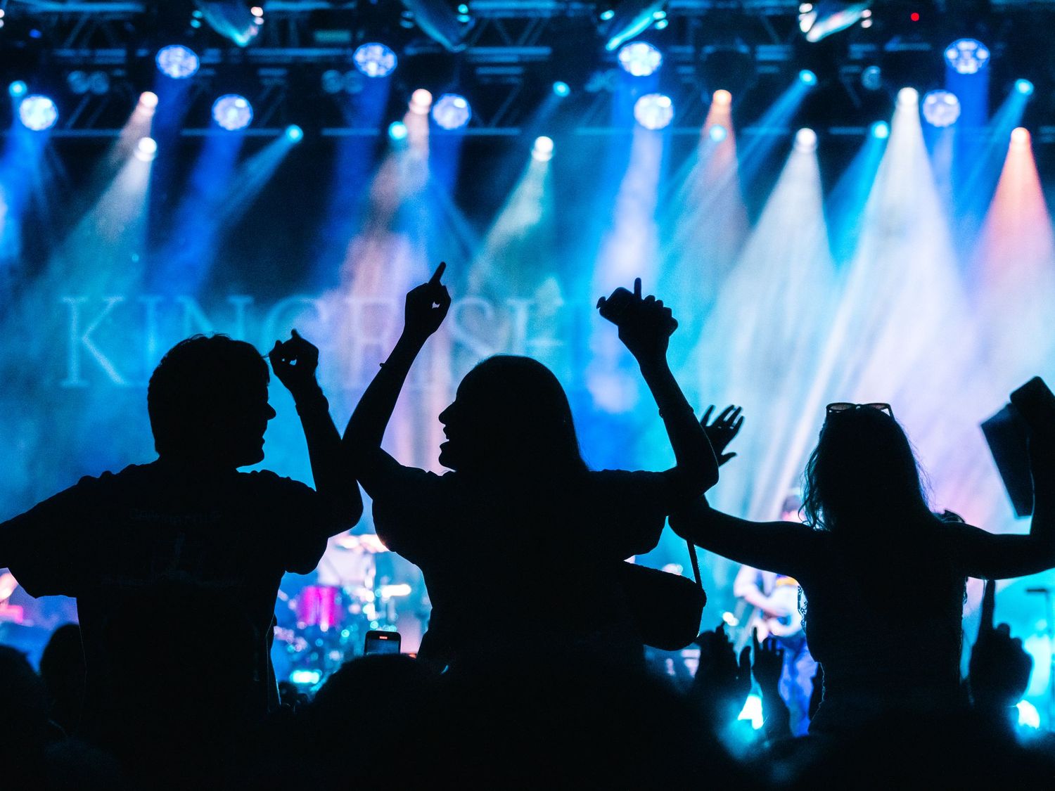 Silhouetted crowd at a concert with raised hands against blue stage lighting and spotlights.