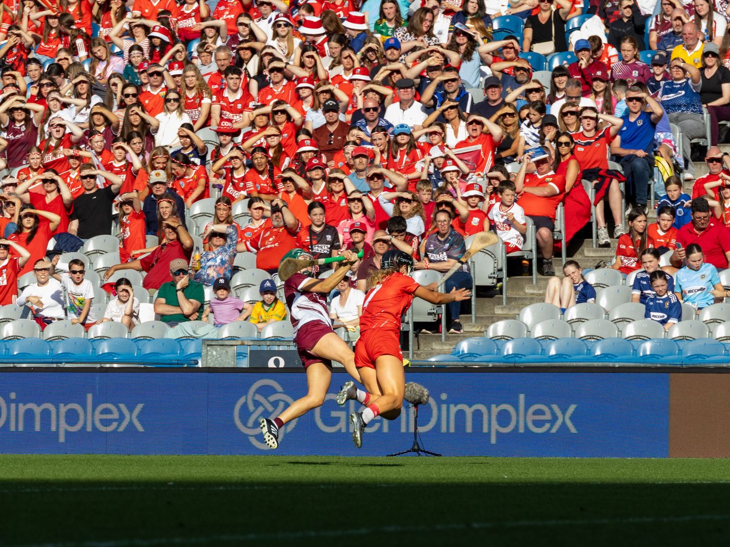 Stadium filled with passionate supporters in red attire watching game action near Dimplex advertising.