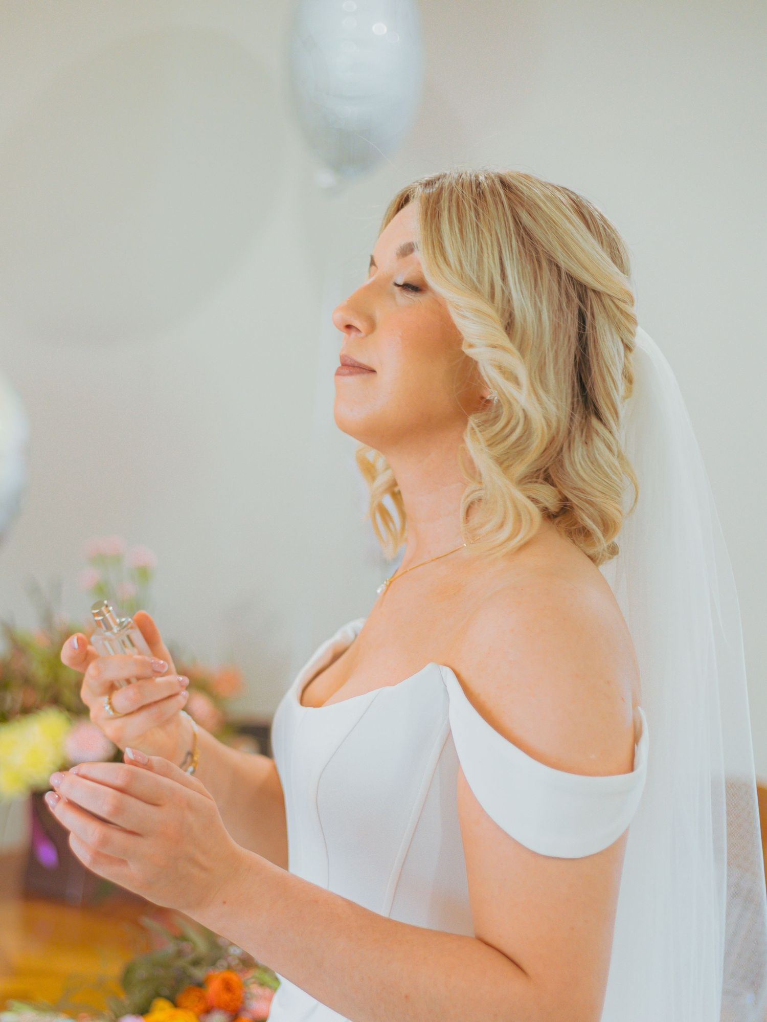 A sequence of romantic bridal portraits showing a woman in white against a soft, dreamy background.