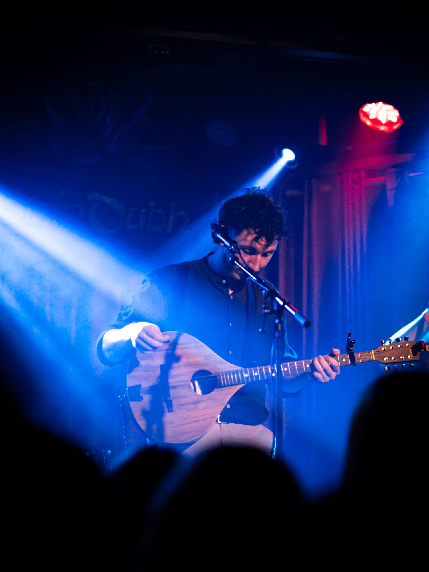 Silhouetted musician performs on acoustic guitar under dramatic blue stage lighting during live concert performance.