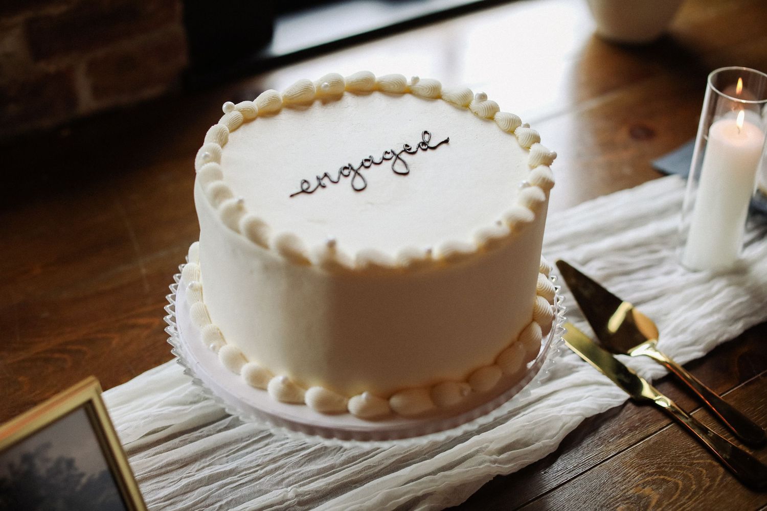 Photograph of an engagement cake at a modern event space in Warwick, New York.