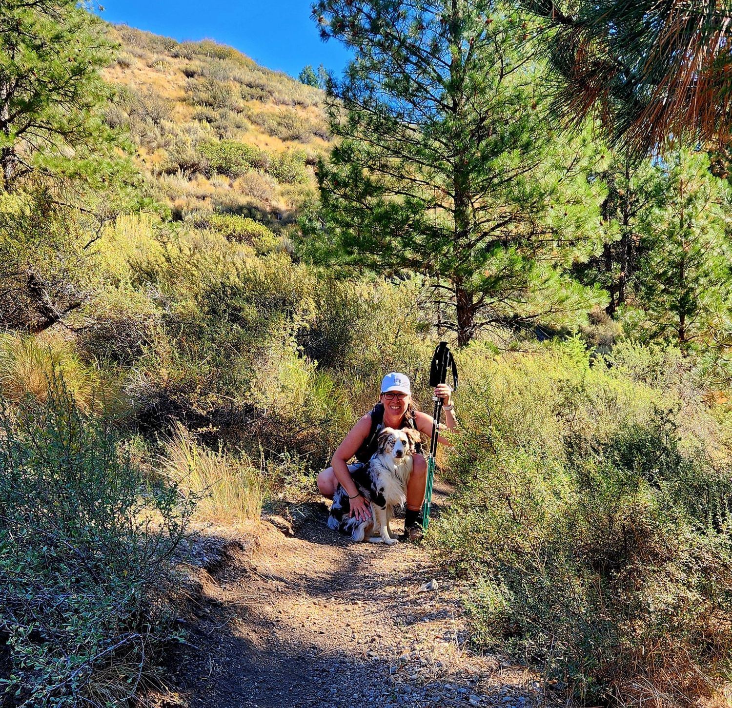 A hiker in red walks along a winding dirt trail through a mountainous landscape with scattered pine trees.