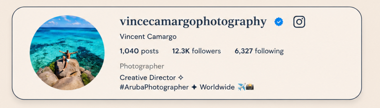 Instagram profile of vincecamargophotography showing 1,040 posts, 12.3K followers, Aruba-based creative director and photographer.