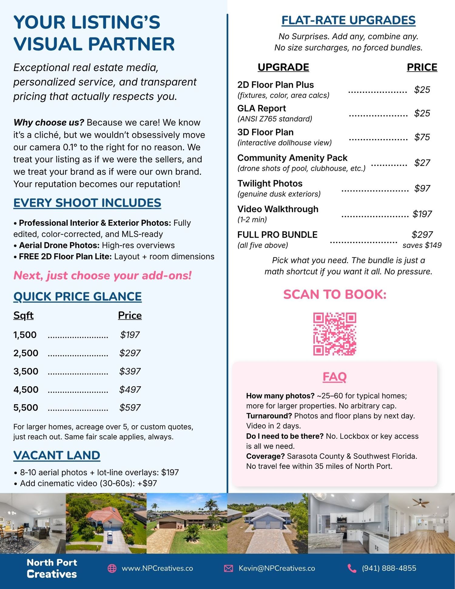 Real estate photography pricing flyer for North Port Creatives, listing flat-rate upgrade packages and quick price options.