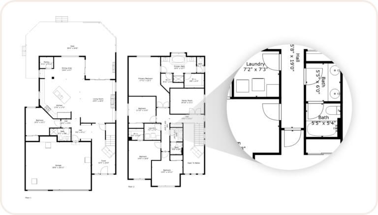Detailed two-story house floor plan blueprint showing room layouts, dimensions, and a zoomed laundry room inset.