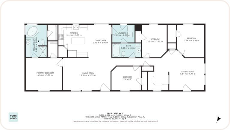 Floor plan of a 4-bedroom ranch-style home featuring living room, dining room, kitchen, and multiple bathrooms.