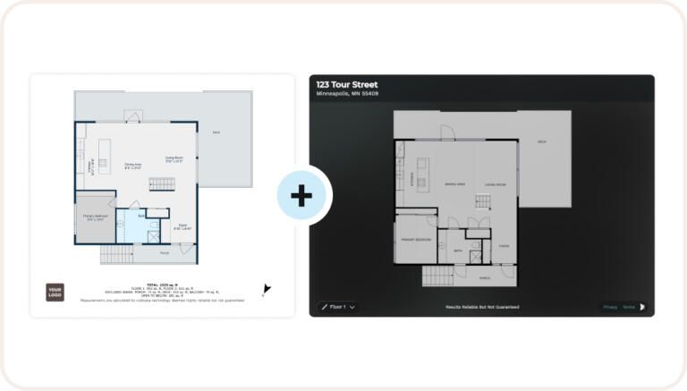 Floor plan conversion service showing a basic blueprint transforming into a professional interactive digital floor plan display.