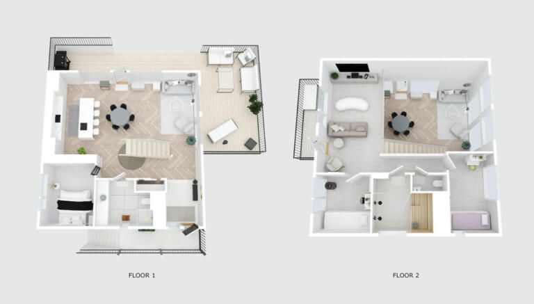 Two-story floor plan showing ground floor with open living areas and upper floor with bedrooms and bathrooms in neutral tones.