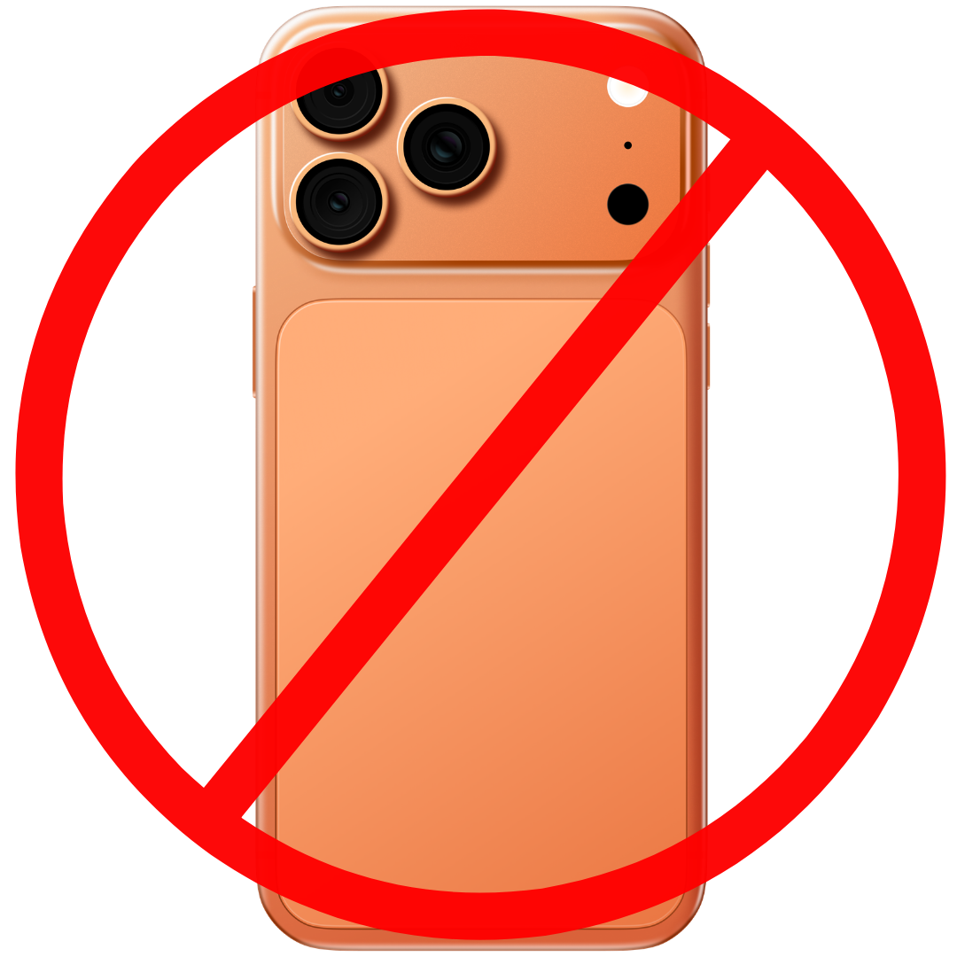 A row of red prohibition or no symbol signs over mobile phone icons showing various device restrictions.
