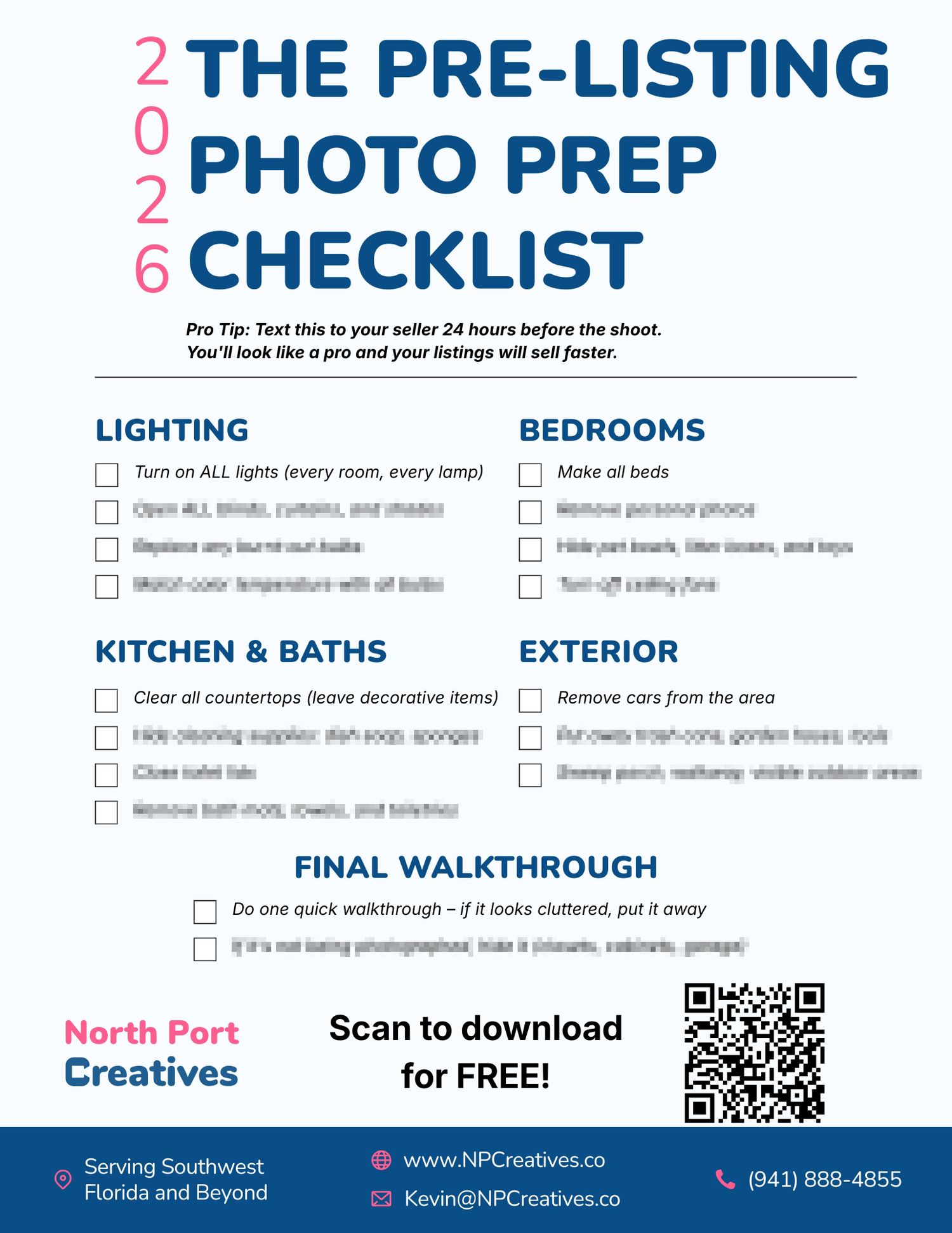 2026 Pre-Listing Photo Prep Checklist by North Port Creatives, covering lighting, bedrooms, kitchen, exterior, and final walkthrough tips.