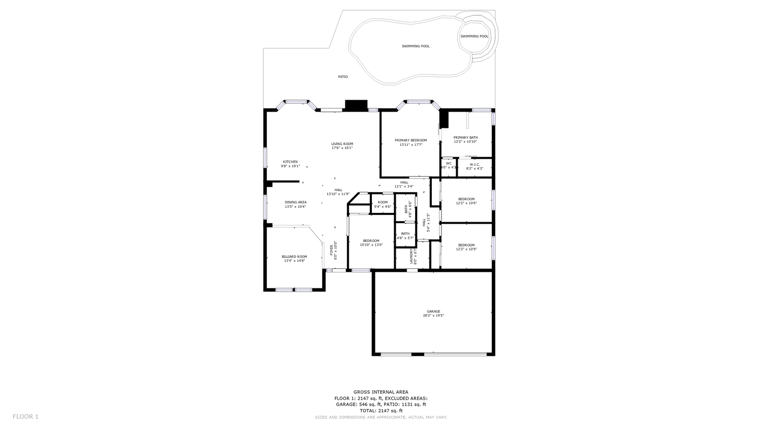 Black and white architectural floor plan showing a single-story home layout with multiple bedrooms, bathrooms, and open living spaces.