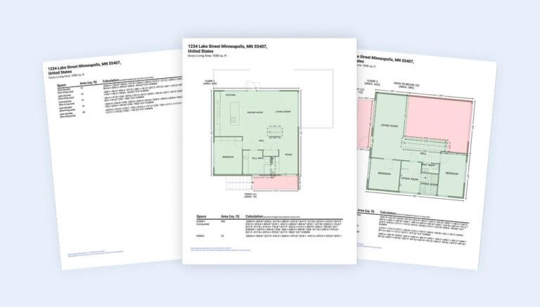Three overlapping floor plan documents showing detailed room layouts with green and pink color-coded areas for a Minneapolis, MN property.