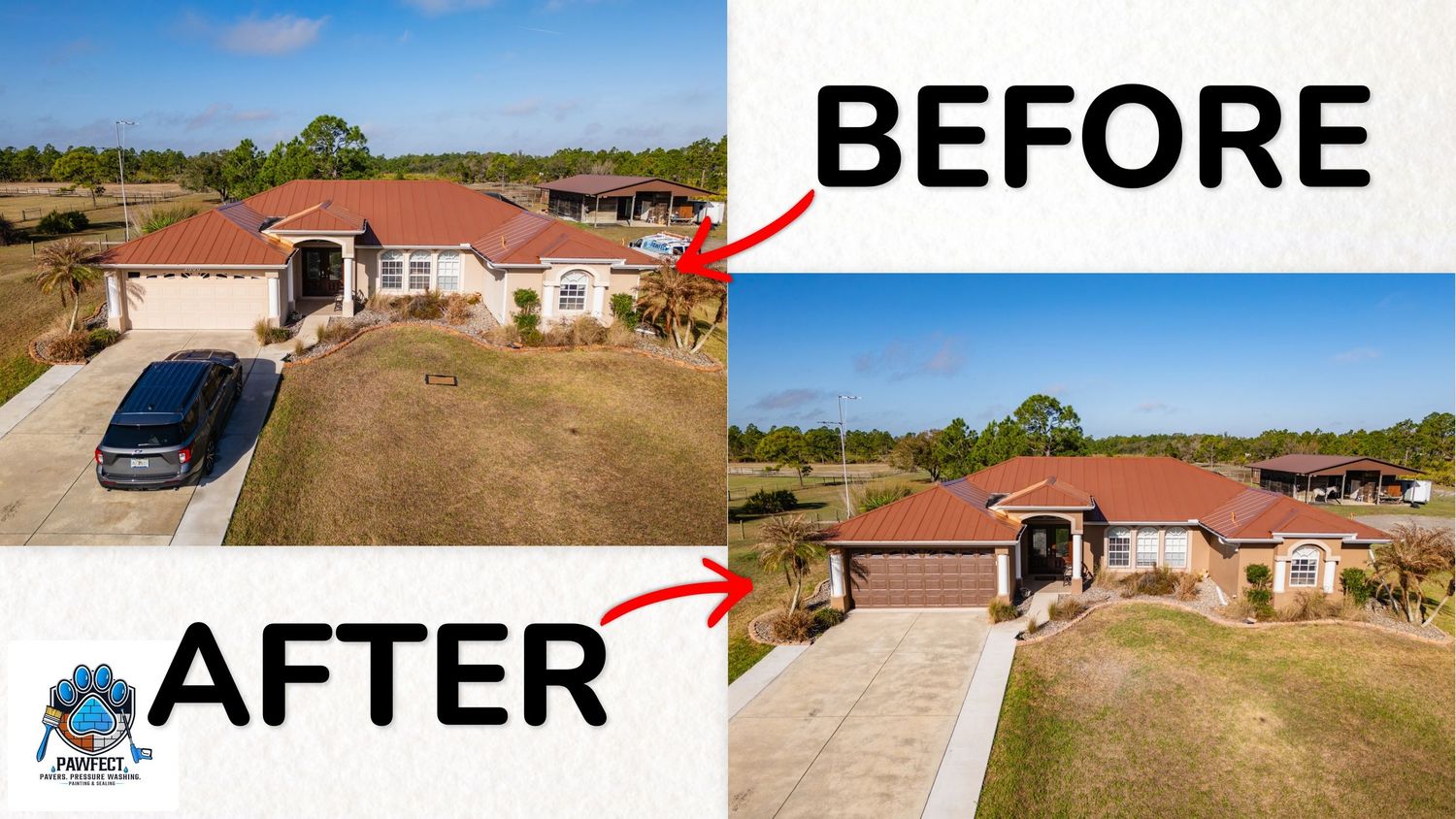 Before and after lawn care transformation of a Florida ranch home, showing dramatic curb appeal improvement with lush green grass.