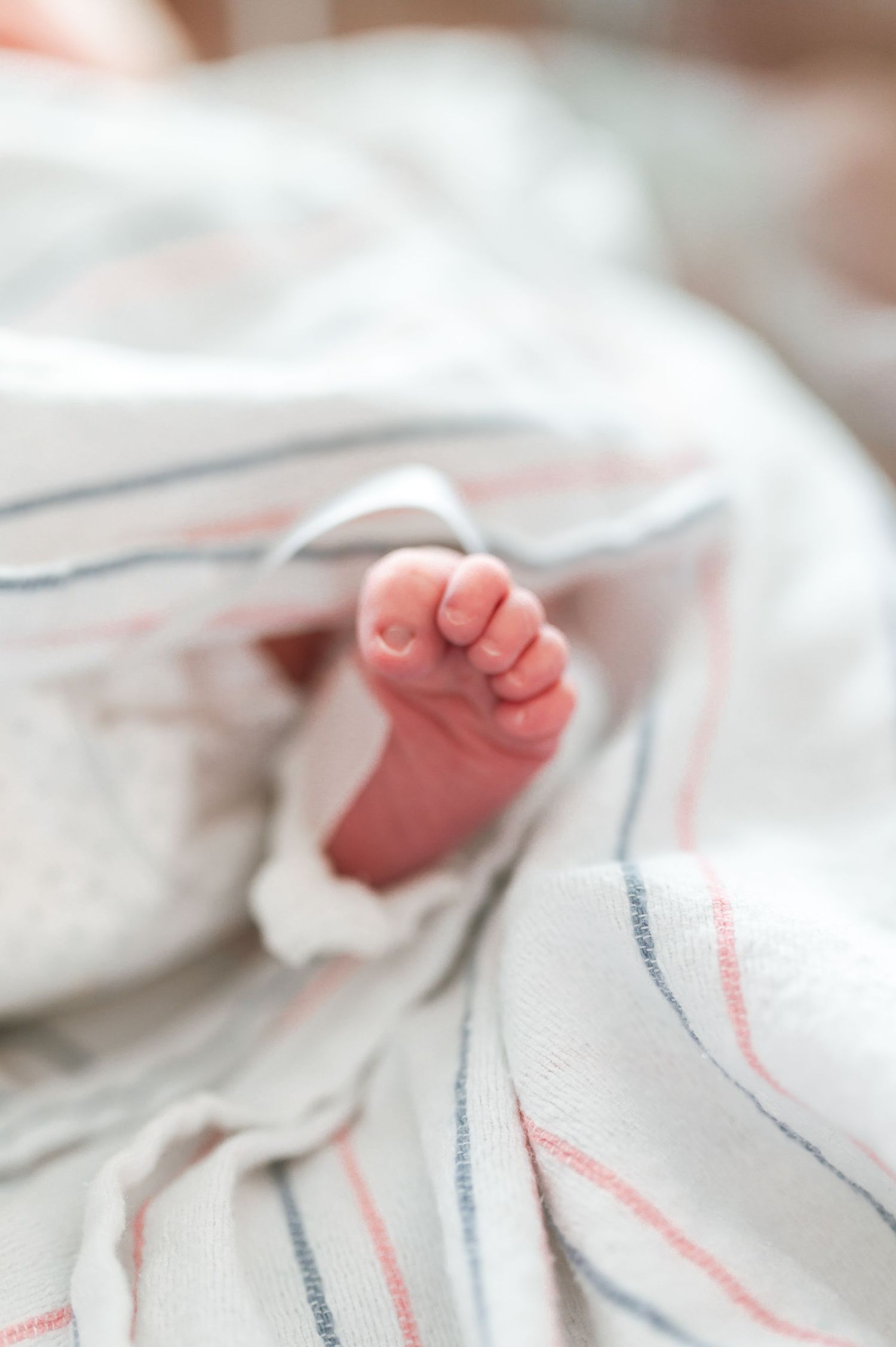Tiny newborn feet peeking out from a white hospital blanket. Knoxville Newborn Photographer UT Medical Center