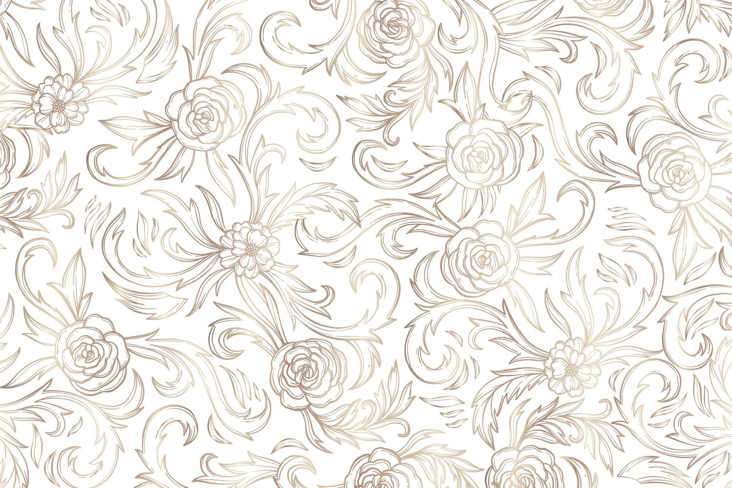 Elegant white background with delicate golden floral and swirl pattern, featuring roses and ornate botanical line art.