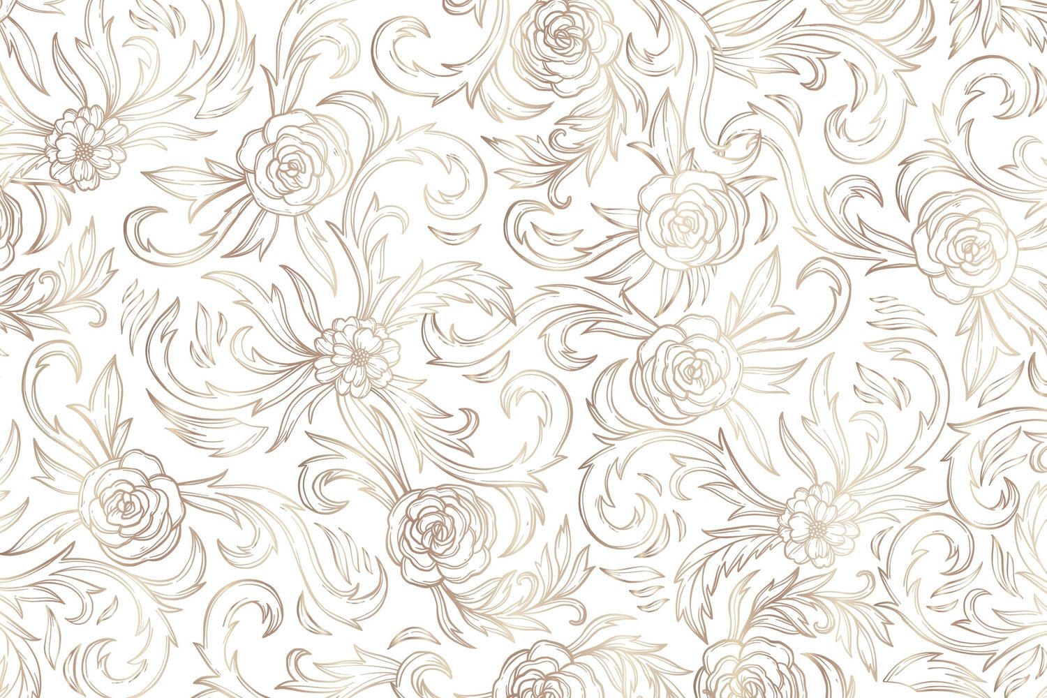 Elegant white background with gold floral and swirl pattern, featuring roses and decorative botanical elements in a seamless design.