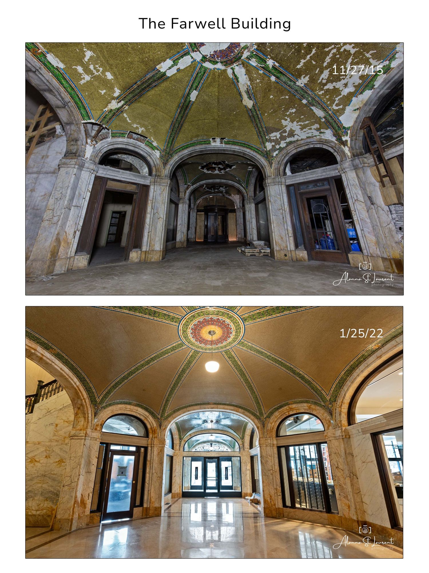 Ornate ceiling and arched entryways showing the abandoned and restored Farwell Building's lobby in Detroit, Michigan.