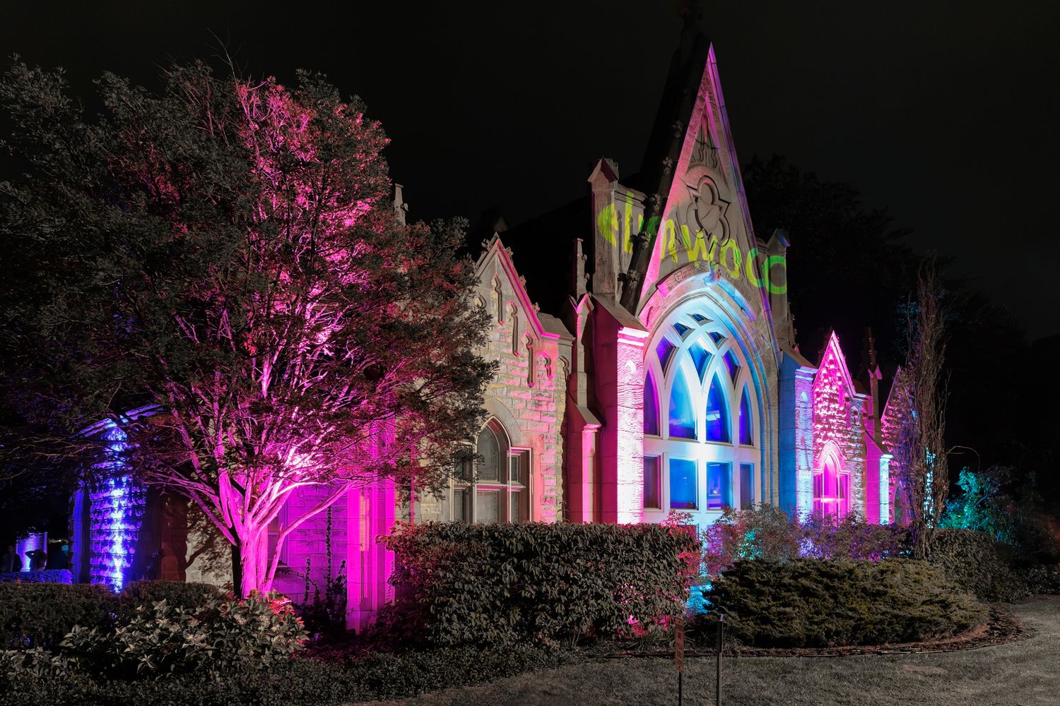 The entrance to the Elmwood Cemetery in Detroit illuminated with vibrant pink and blue lights against a night sky.