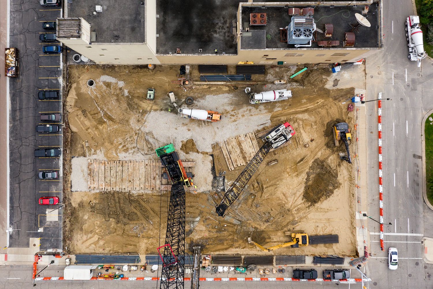 Aerial view of construction site of the future Cambria Hotel looking straight down showing excavated land in Detroit, Michigan.