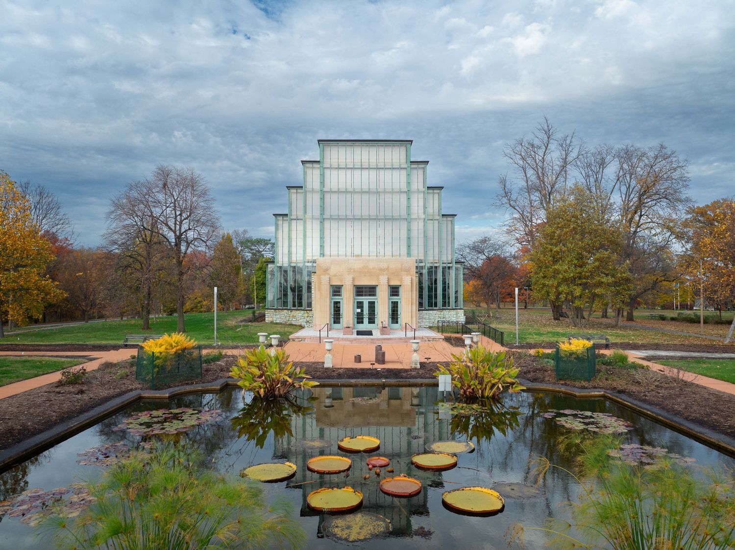 Jewel Box botanical garden and conservatory with lily ponds and walkways at Forest Park in St Louis, Missouri.