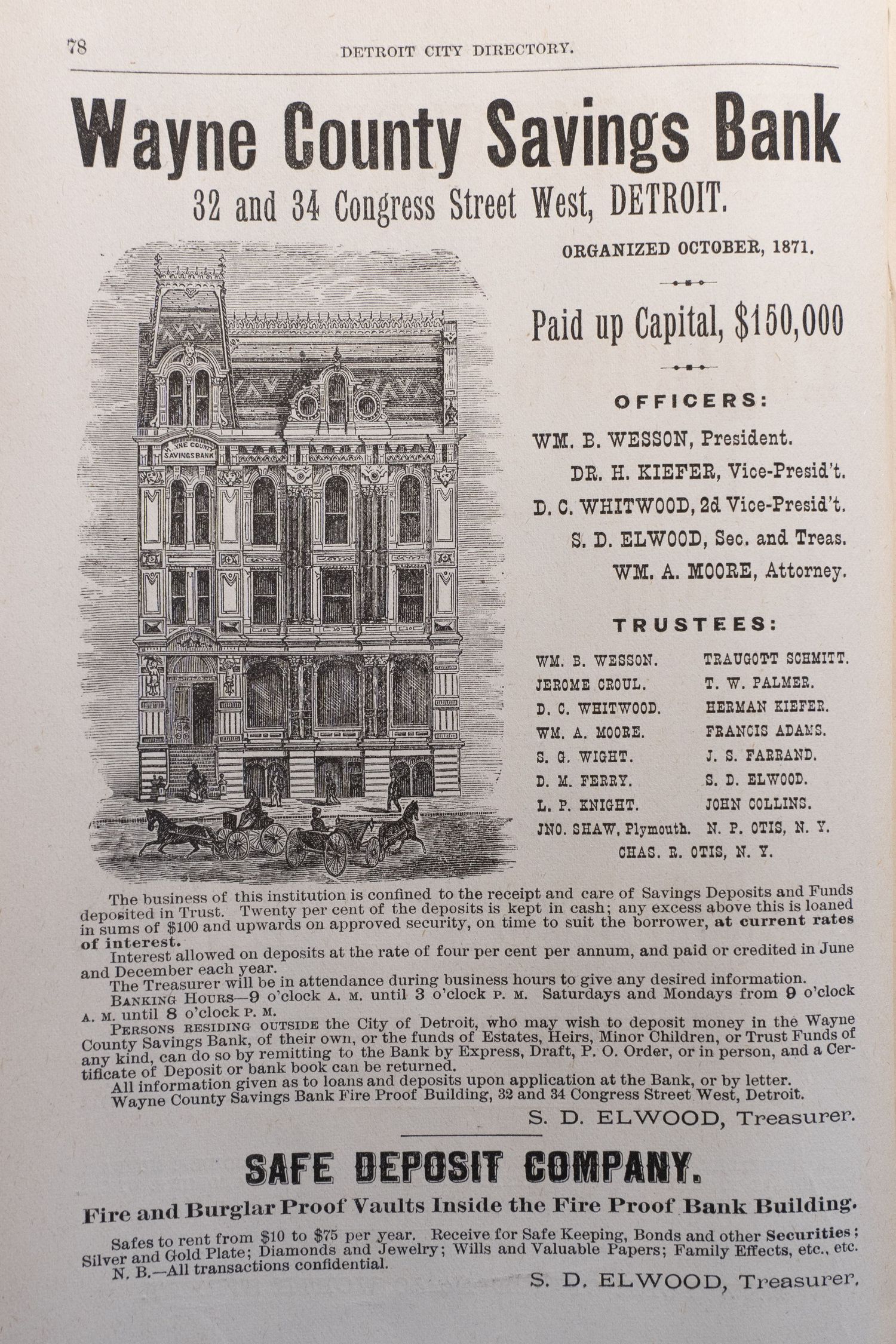 Historical advertisement showing Wayne County Savings Bank  in Detroit found in the Hoyt Library in Saginaw Michigan.