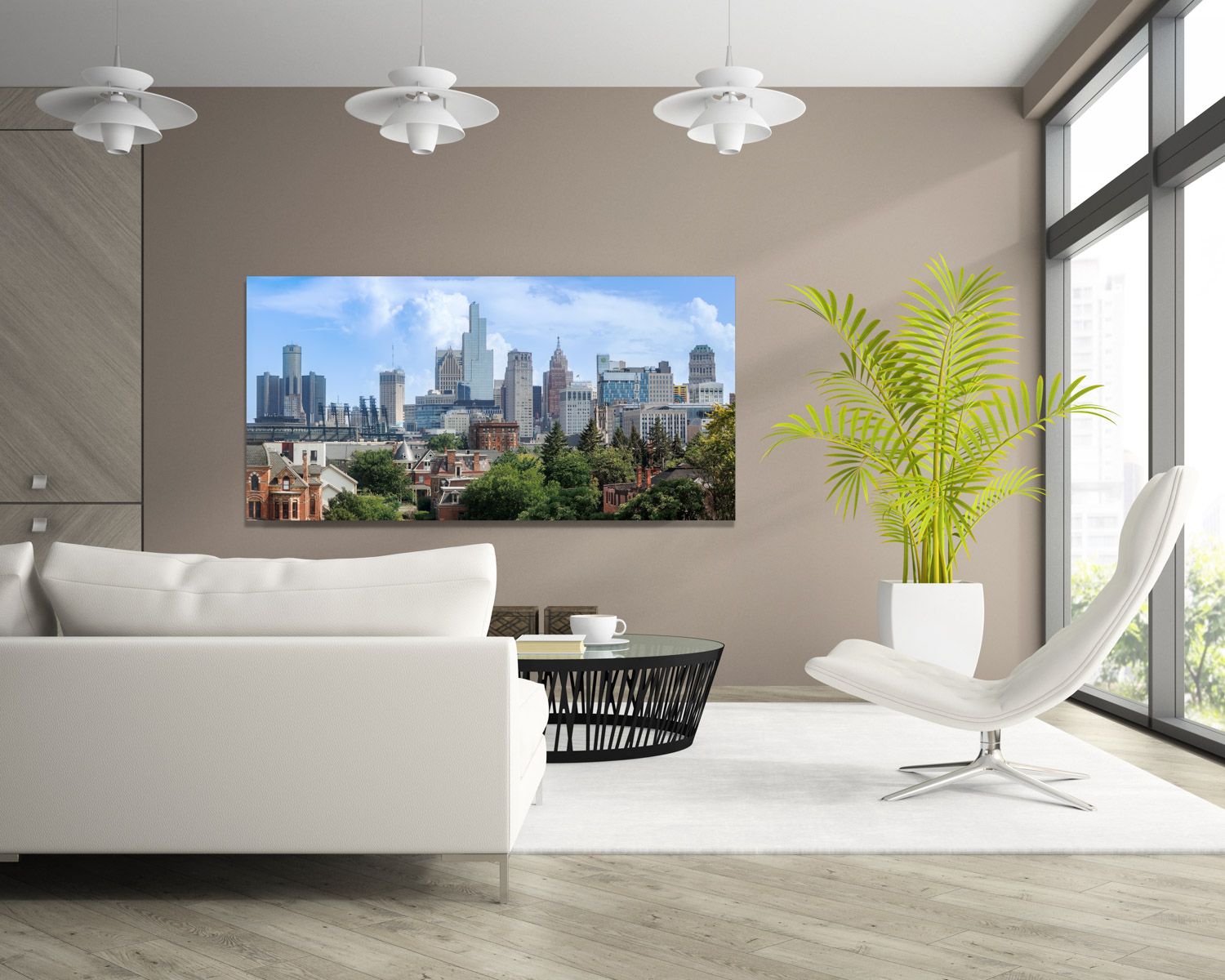 Modern living room interior with panoramic windows, beige walls, white couch and chair with Detroit skyline photo on the wall.