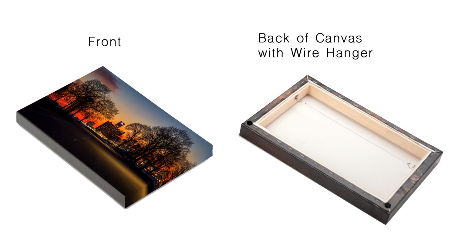 Product specification diagram showing front and back views of canvas print construction.