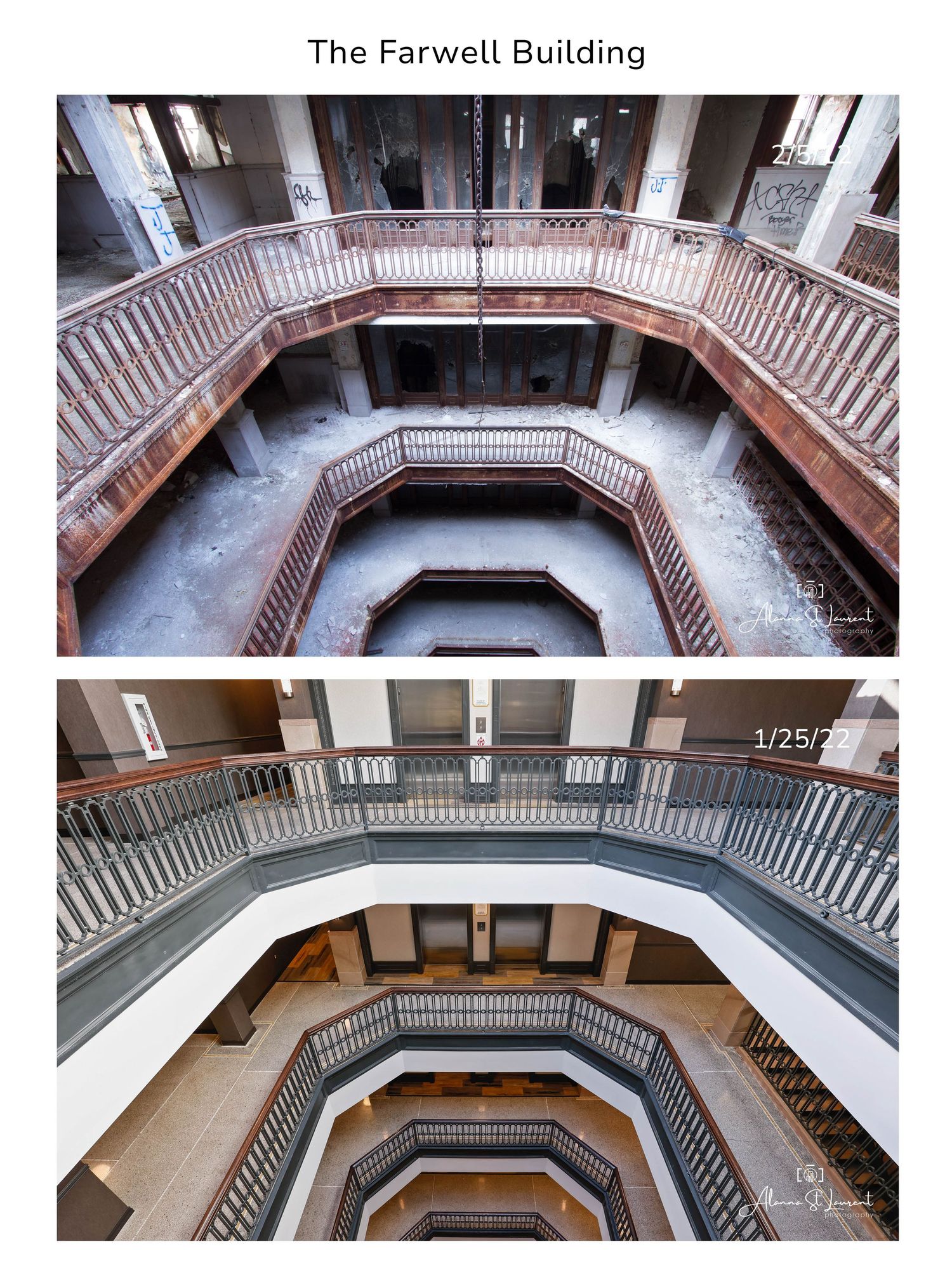 Contrasting before and after views of the Farwell Building's octagonal atrium and staircases in Detroit, Michigan.