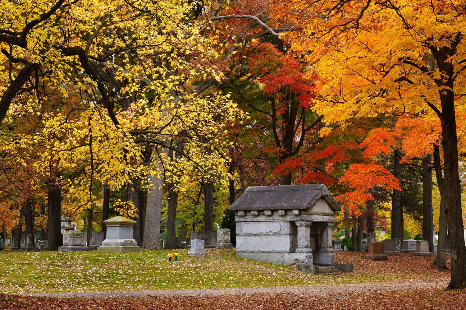 A Historic Woodlawn cemetery mausoleum beneath trees displaying peak autumn foliage colors in Detroit, Michigan.