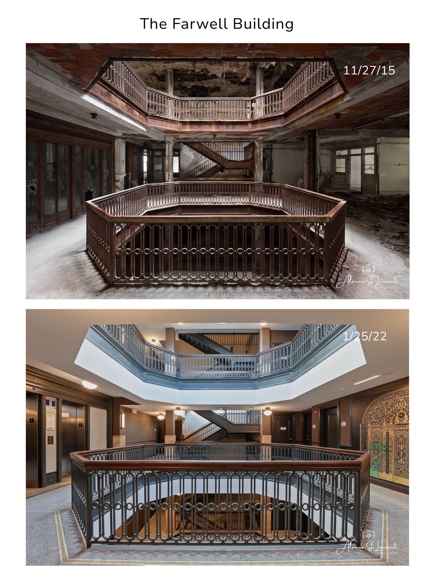 Panoramic view of multiple levels of wooden balconies and staircases in the Farwell Building in Detroit, Michigan.