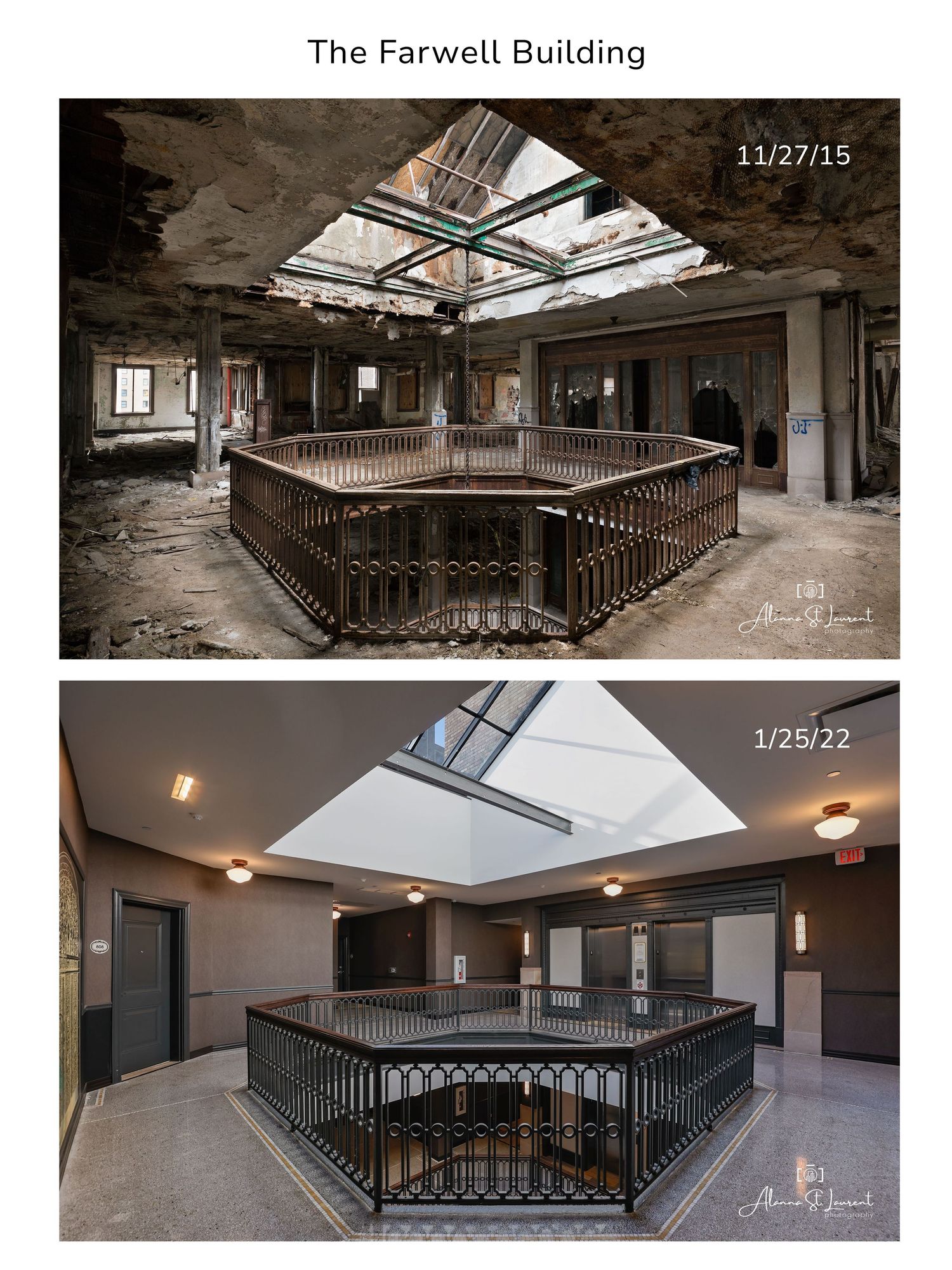 Historic Farwell Building interior showing the before and after of the top floor skylight in Detroit, Michigan.