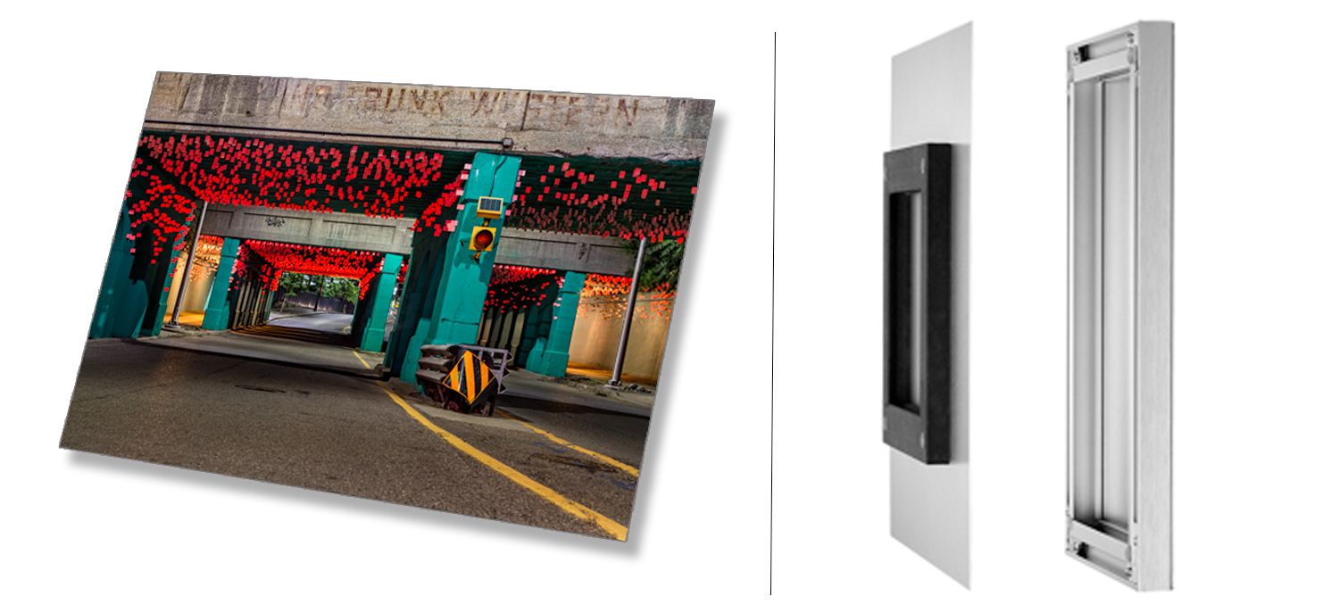Collection of framed urban photography prints with mounting hardware displayed.