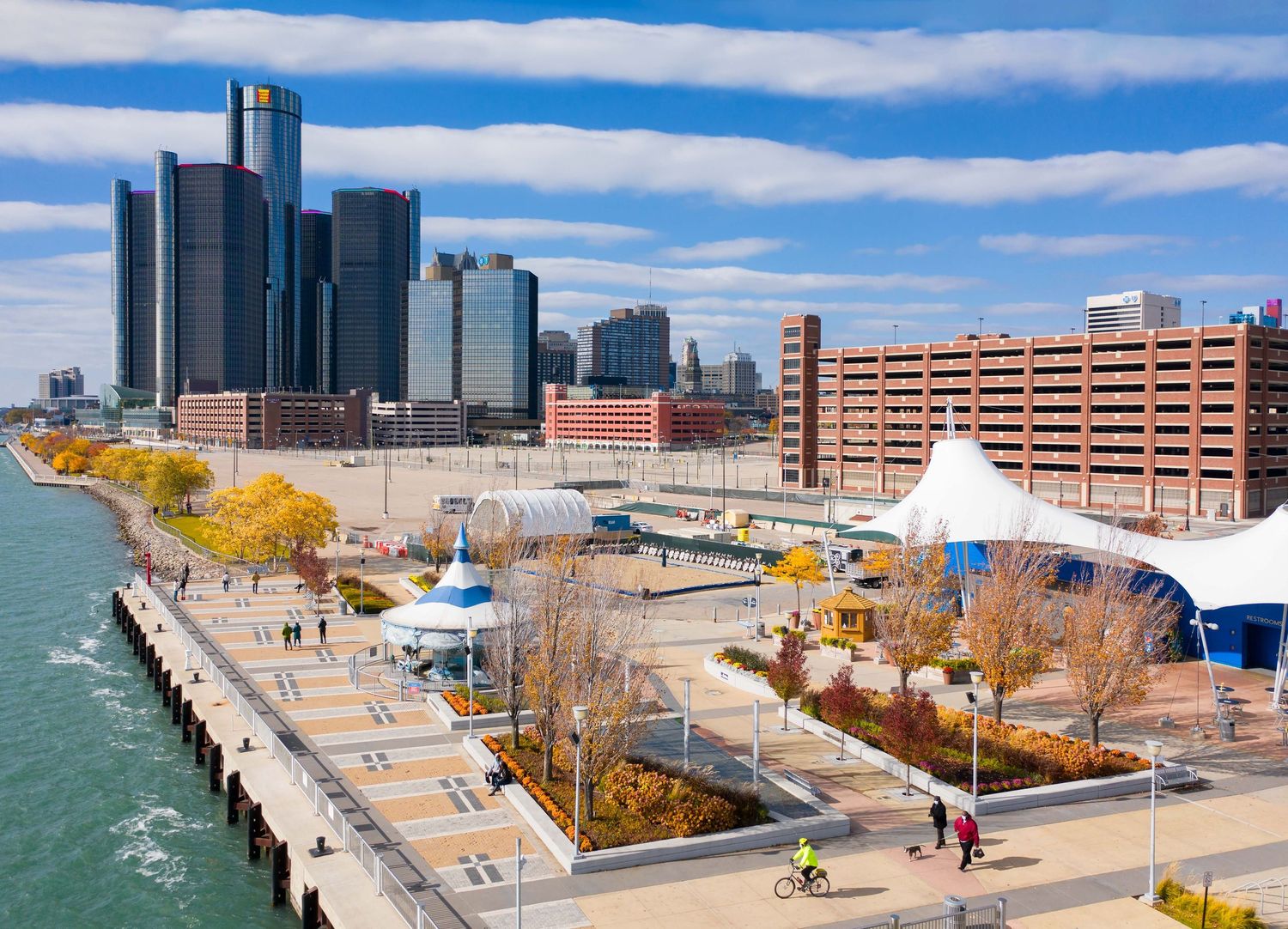 Aerial view of the Cullen Plaza and the Renaissance Center on Detroit's riverfront on a sunny day in the fall.