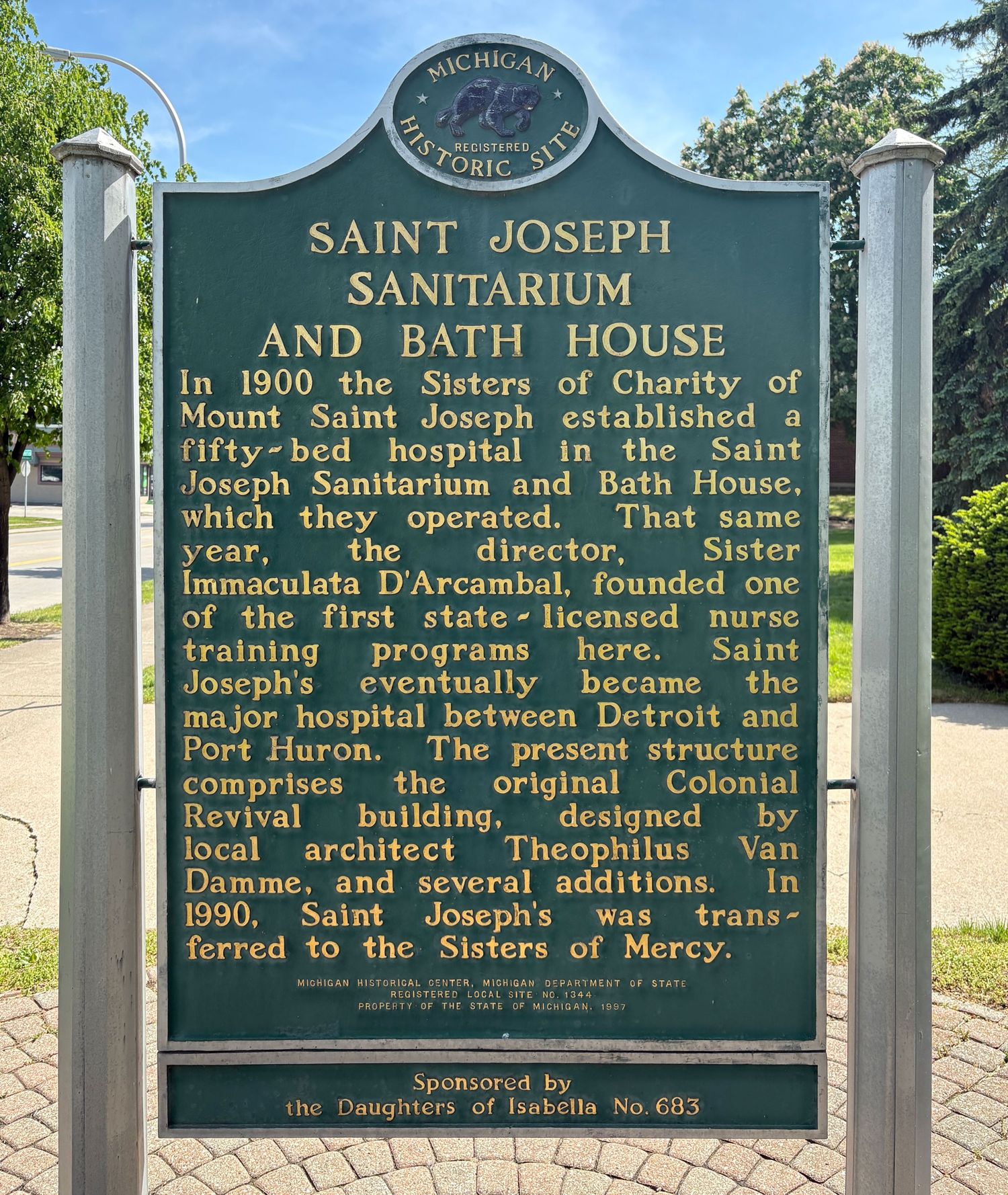 Michigan historic marker for Saint Joseph Sanitarium and Bath House, established in 1900 by the Sisters of Charity of Mount Saint Joseph.