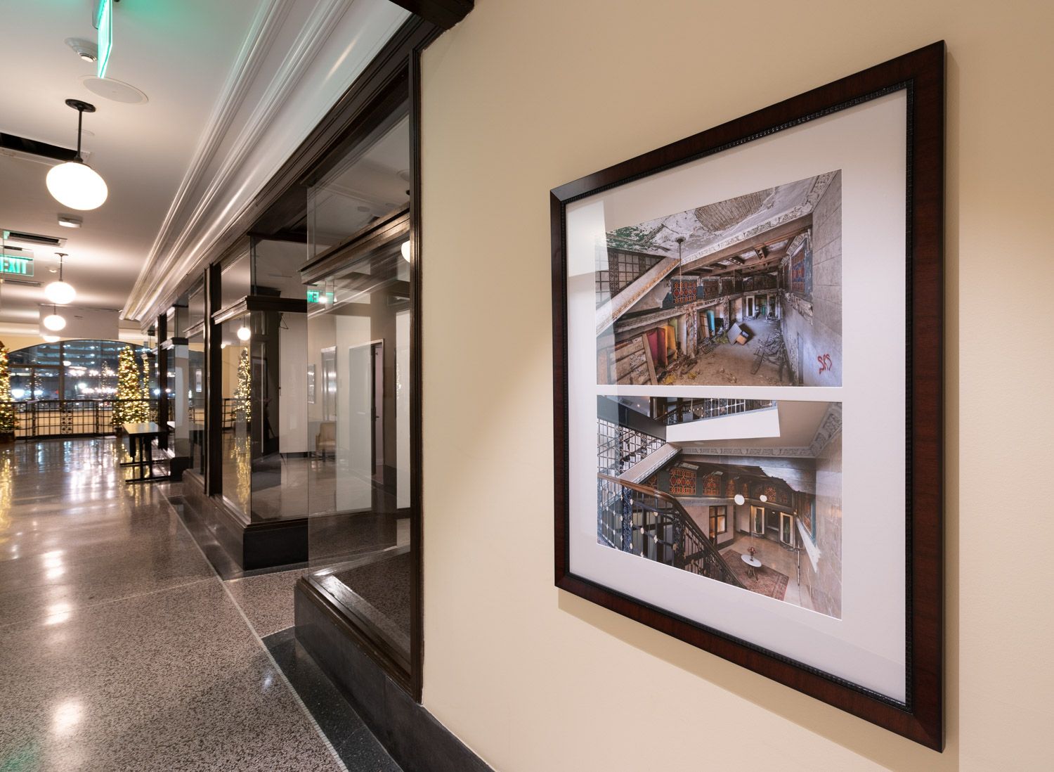 Photo of the before/after Metropolitan building in Detroit, Michigan by Alanna St Laurent on the second floor of the Element Hotel.