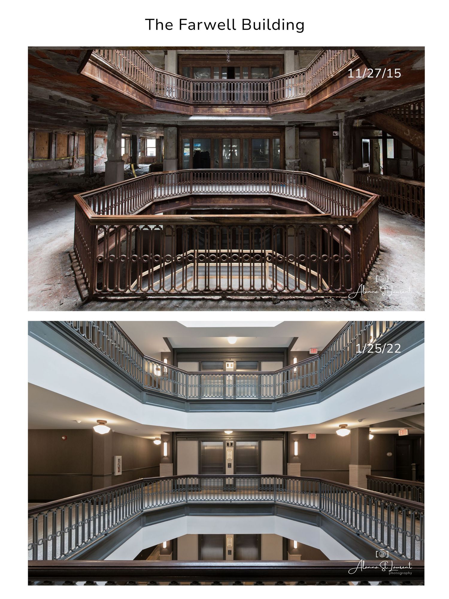 Comparison of deteriorated and renovated railings in the Farwell Building's central atrium in Detroit, Michigan