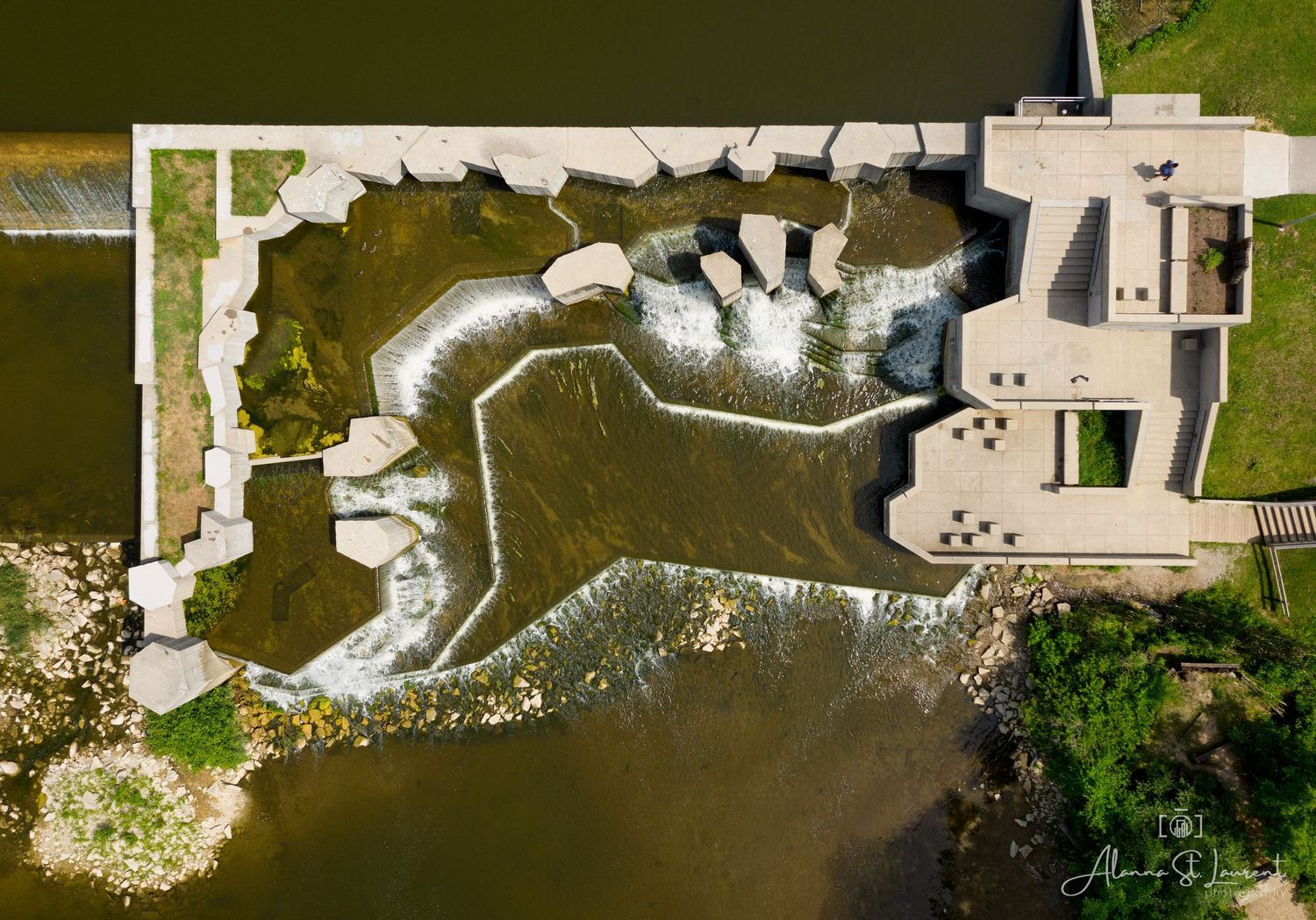 Drone straight down view of the Flint Stepping Stone Falls in Flint, Michigan.