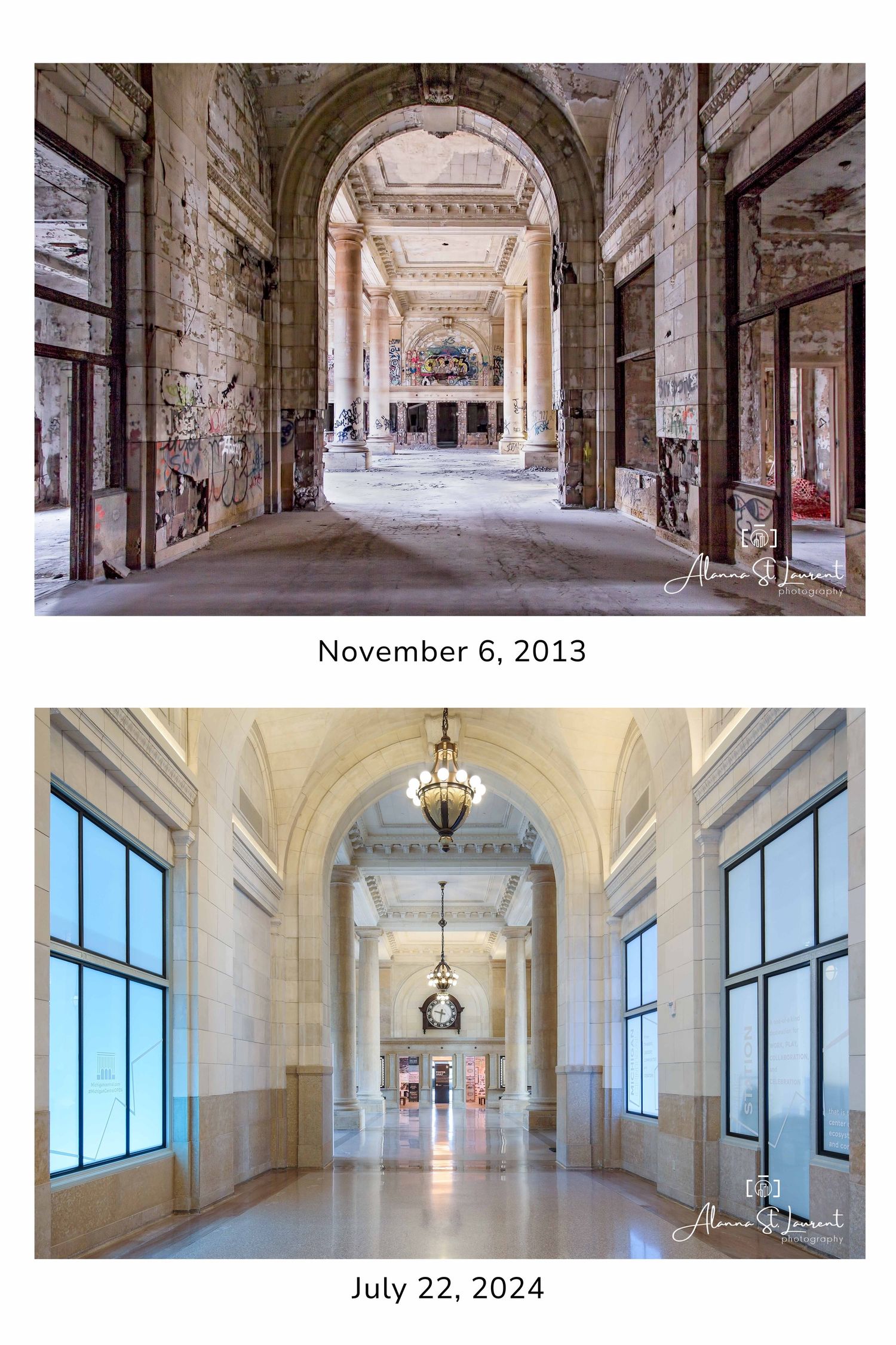 Before and after renovation photos of a grand marble hallway with arched ceilings and columns inside the Michigan Train Station in Detroit.