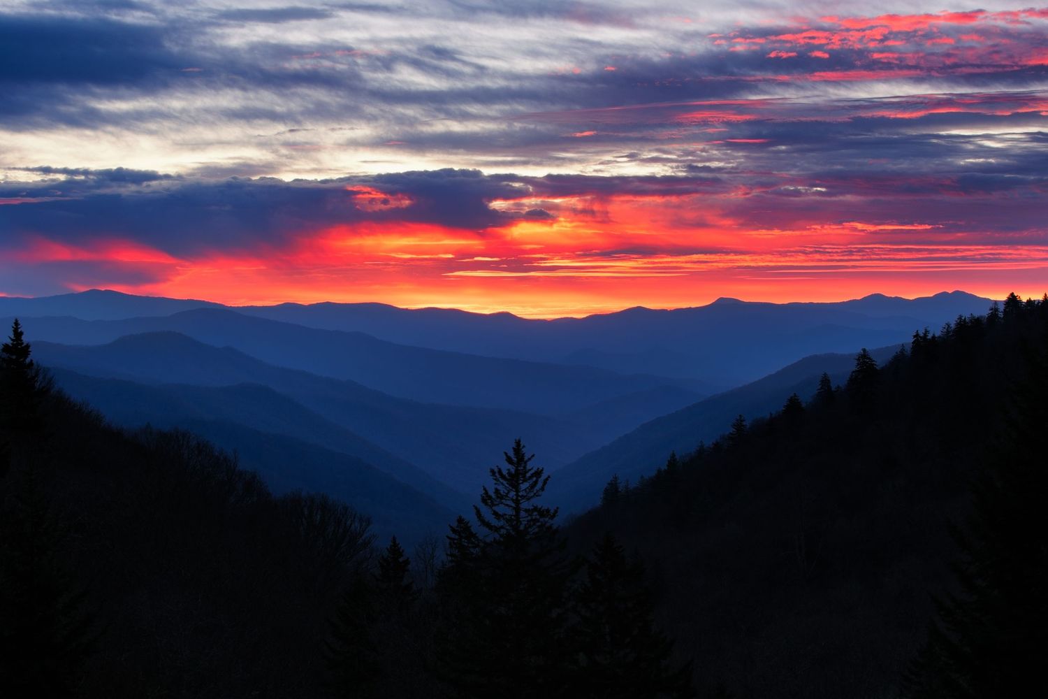 Dramatic sunrise over mountain silhouettes with vibrant red and purple clouds in Smoky Mountains, Tennessee.