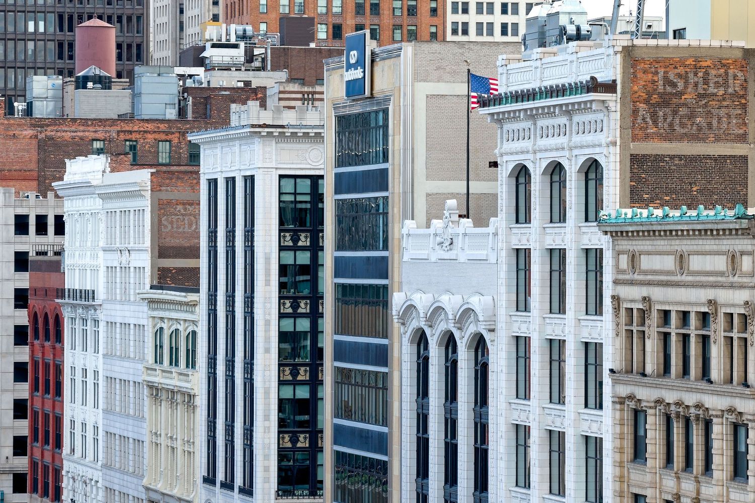 Architectural details of historic building fronts along Woodward Avenue in downtown Detroit Michigan.