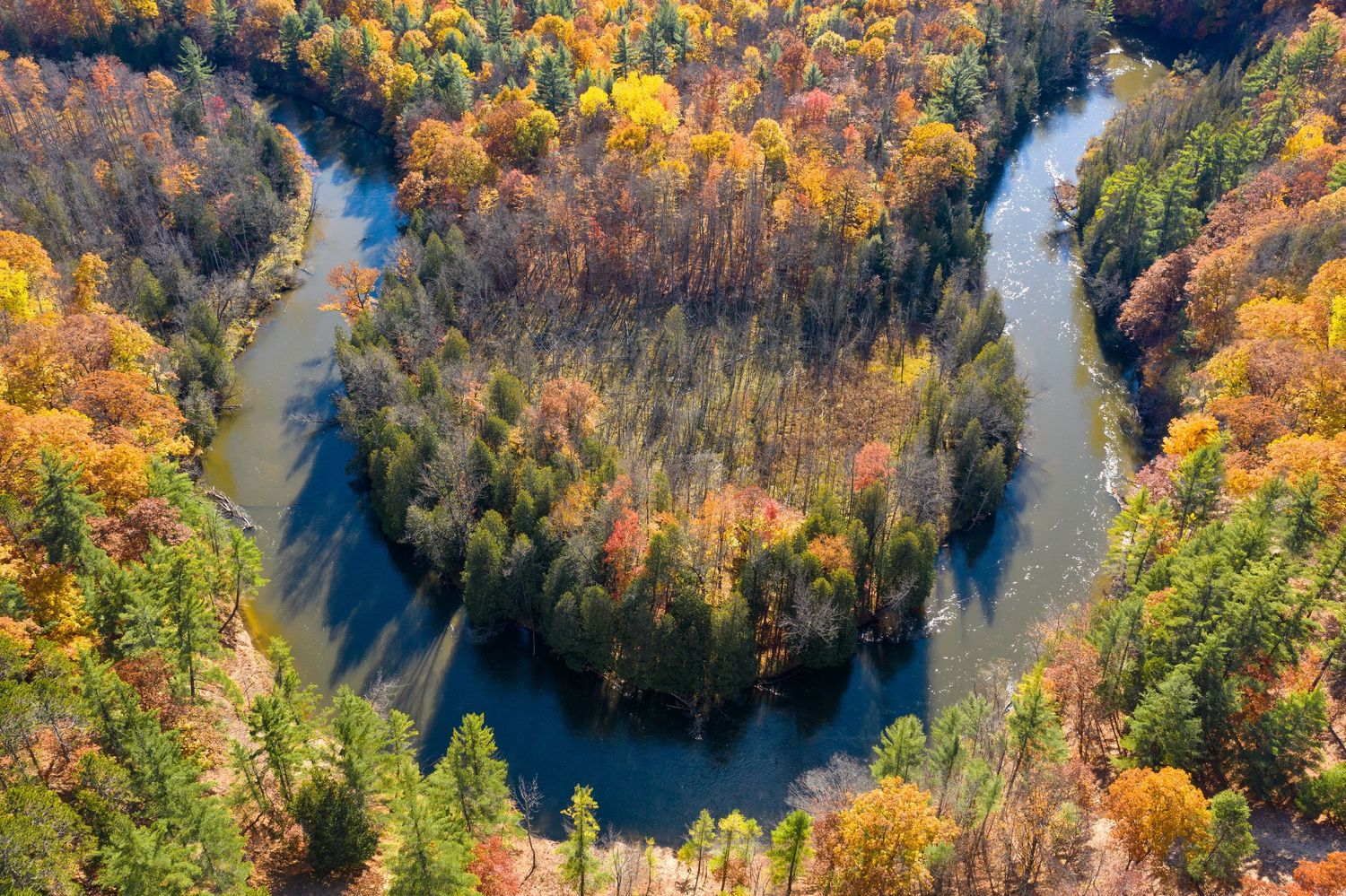 Aerial closeup of the Manistee river through vibrant autumn forest and blue skies at the High Rollway Scenic Overlook in Kingsley, MI.