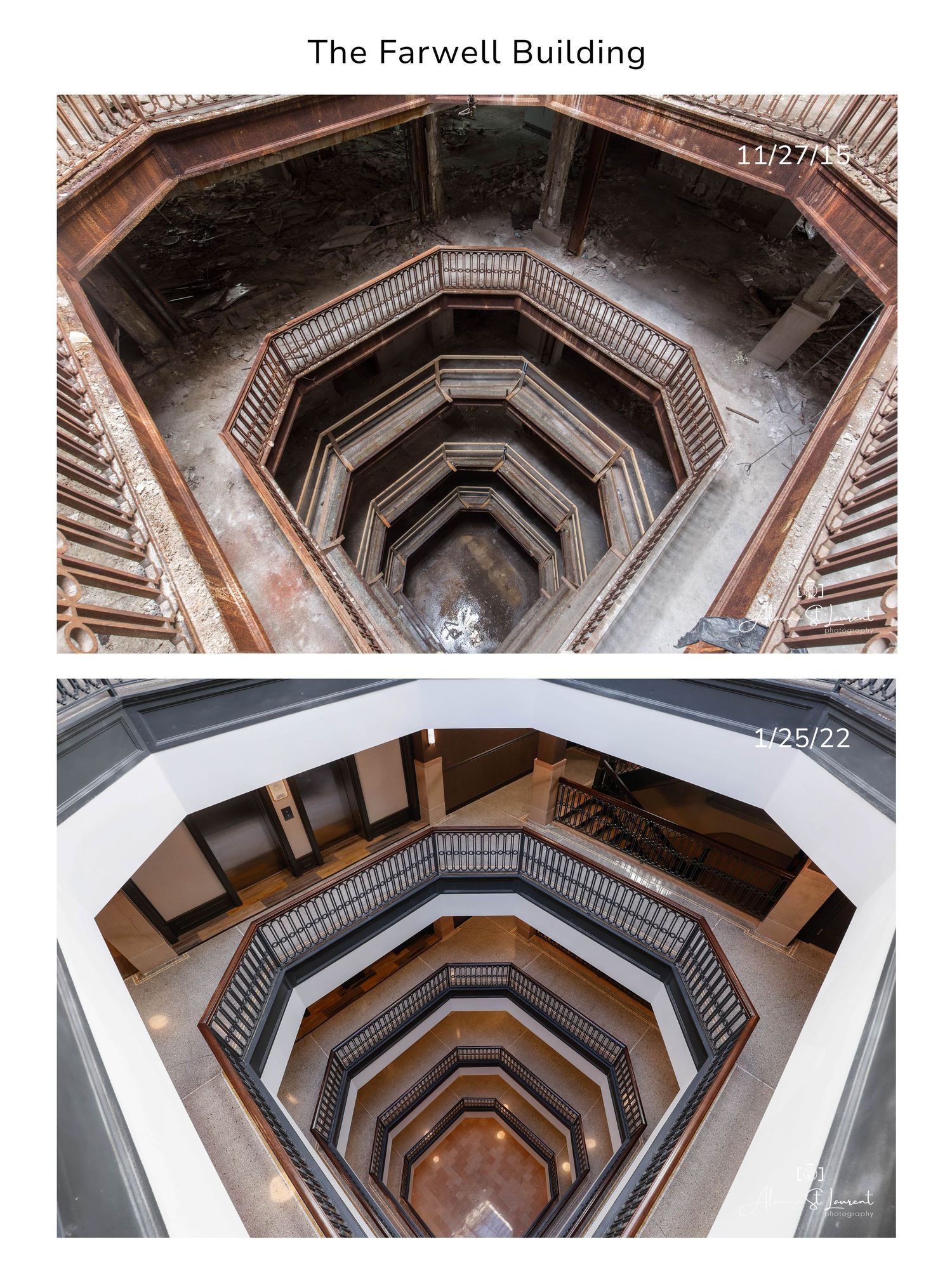 Looking up through octagonal stairwell of the Farwell Building showing multiple floors in Detroit, Michigan.